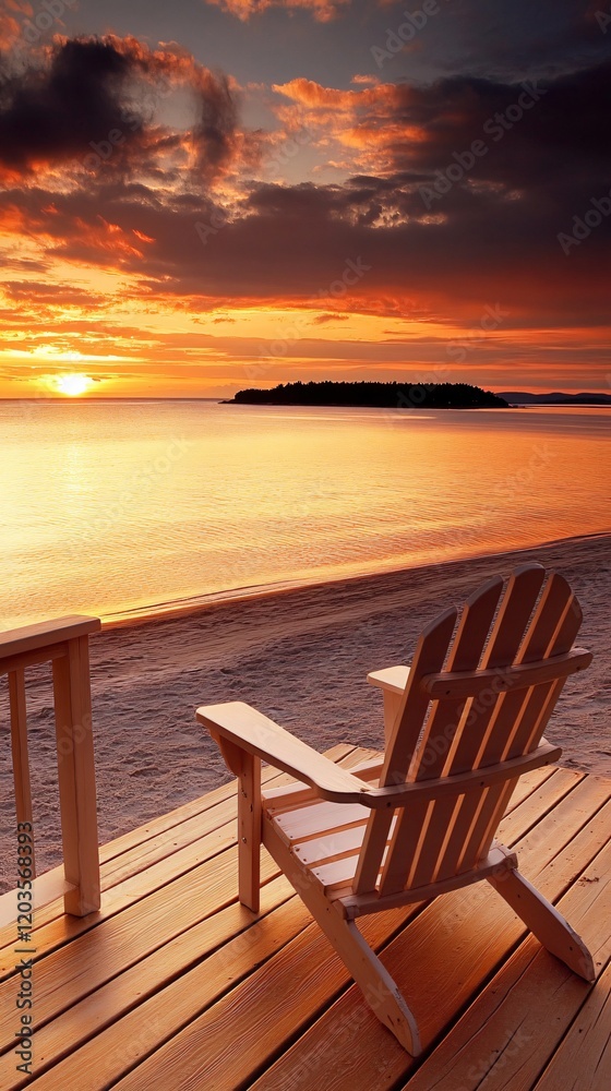 Serene Sunset Beach Scene with Adirondack Chair on Deck Serene Sunset Beach Scene with Adirondack Chair on Deck