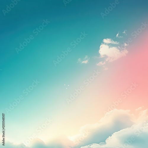 Pastel Sky: A serene and dreamy pastel sky at sunrise or sunset, featuring soft hues of pink, teal, and blue, with fluffy clouds adding depth and texture.