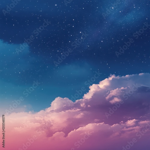 Celestial Dreamscape: Pink and purple clouds drift beneath a breathtaking night sky, studded with countless twinkling stars, creating a surreal and ethereal atmosphere. 
