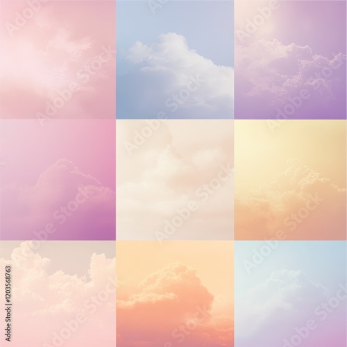 Dreamy Pastel Sky Collage: A captivating collage of nine pastel-hued skies with soft, fluffy clouds evokes a sense of tranquility and whimsical beauty.