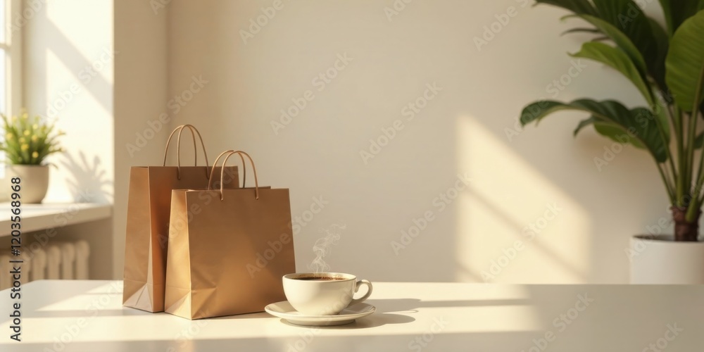 Fototapeta premium Warm sunlight illuminates a minimalist scene featuring two paper shopping bags and a steaming cup of coffee resting on a pristine white surface.