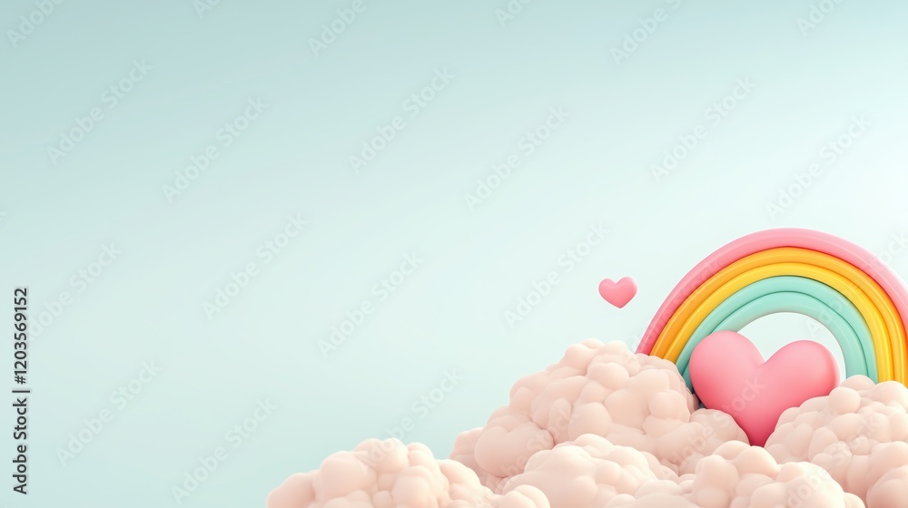 Colorful rainbow and hearts over fluffy clouds on a soft background. Colorful rainbow and hearts over fluffy clouds on a soft background.