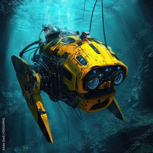 Submarine in Deep Ocean: A weathered yellow submarine, possibly a research vessel or submersible, explores the mysterious depths of the ocean. Sunlight streams through the water.
