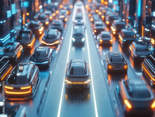 Wallpaper Mural Bird s eye shot of futuristic city streets, rows of autonomous cars and electric shuttles moving in organized harmony Torontodigital.ca