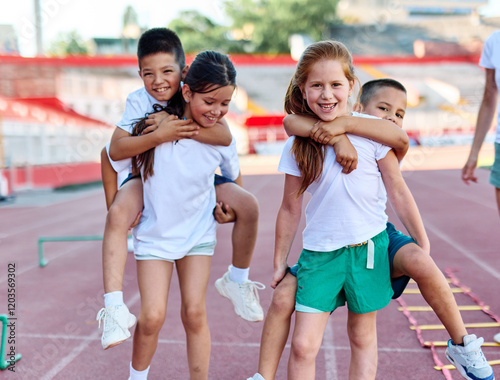 Fototapeta Naklejka Na Ścianę i Meble -  child sport athlete childhood girl competition fun young outdoor active exercise kid running fitness training athletic game healthy group play team school exercising