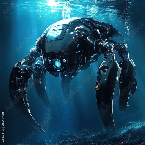 Submerged Robotics: A futuristic underwater robotic device with a sleek, metallic exterior and multiple limbs explores the ocean depths, its glowing blue eye illuminating the mysterious abyss.