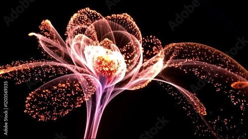 Intricate computer-generated particles swirling in turbulent motions, forming a stunning flower-like structure on a dark background.
