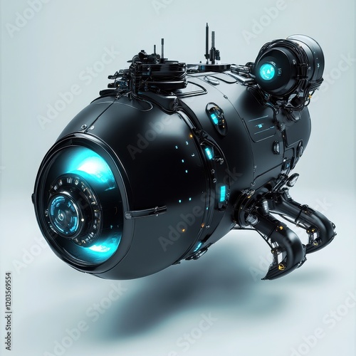 Futuristic Sci-Fi Spaceship: A sleek, black spaceship with futuristic design and glowing blue lights on the exterior, hovering against a backdrop of soft grey.