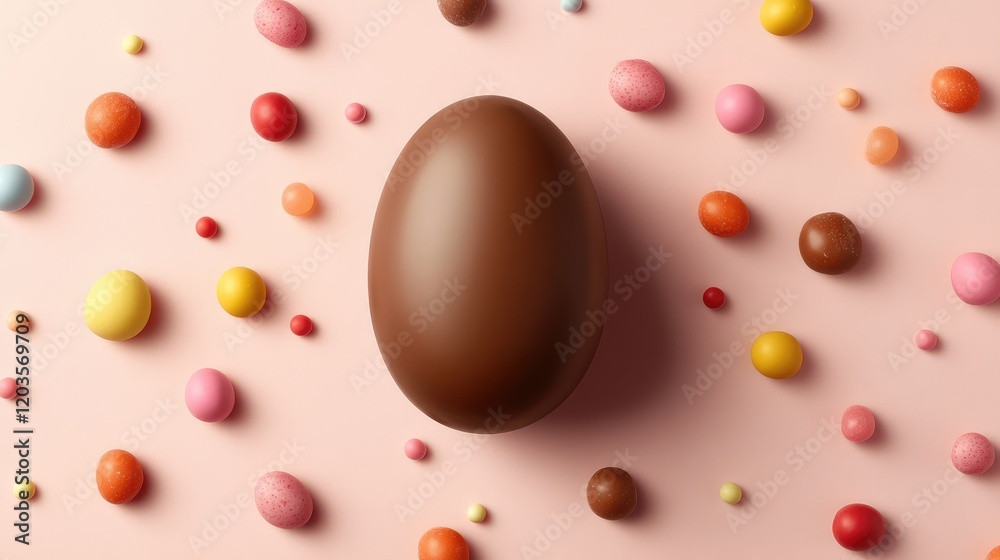 A single large chocolate egg surrounded by smaller candy pieces, placed on a soft pastel background with ample room for copy.