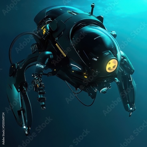 Submarine Drone in Deep Ocean: A futuristic, black submarine drone explores the deep ocean, its mechanical arms extended, illuminated by an eerie, yellow light.
