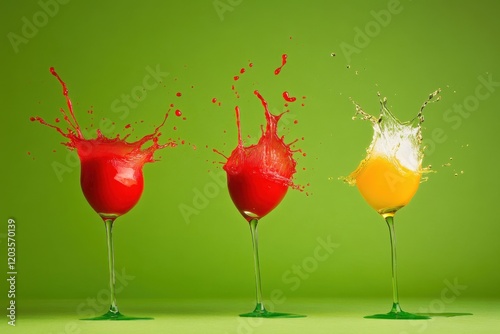 Three glasses splashing colorful liquid green background