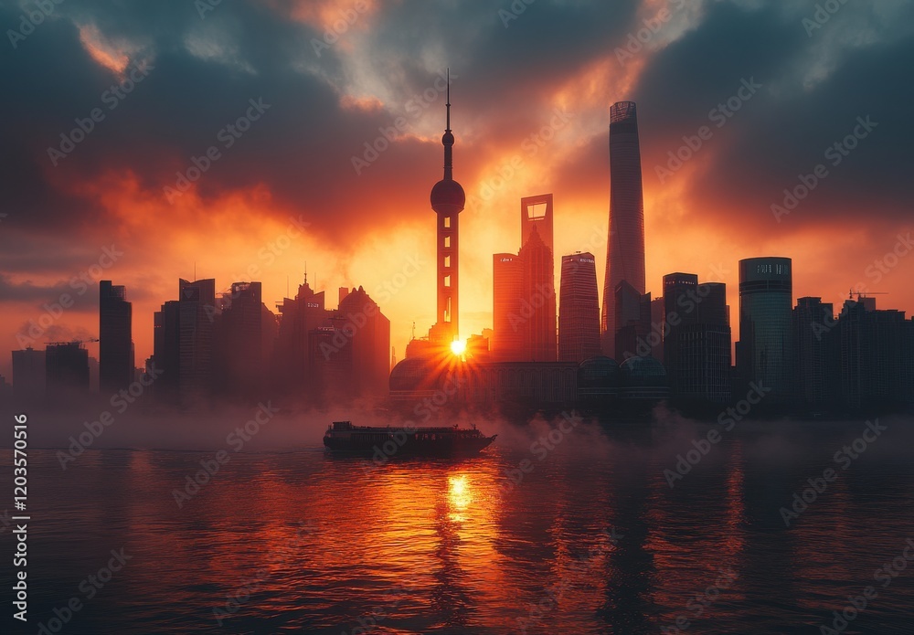 Breathtaking Sunset Over Shanghai Skyline with Iconic Architecture and Reflections in the Water, Capturing the Vibrant Atmosphere of a Modern Megacity Breathtaking Sunset Over Shanghai Skyline with Iconic Architecture and Reflections in the Water, Capturing the Vibrant Atmosphere of a Modern Megacity