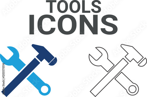 Tools icon. Contains fix, maintenance, toolbox, assistance, broken, troubleshoot, patch, and repairman service icons. Solid icon collection. Vector illustration.