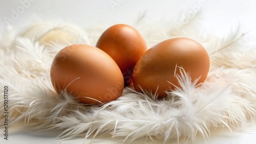 Brown Eggs Nestled on Soft Feathers, Isolated White Background - Stock Photo