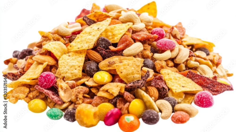 A vibrant mix of colorful snacks piled high. This assortment includes crunchy chips, nuts, and chewy candies. Perfect for parties or casual gatherings. Generative AI A vibrant mix of colorful snacks piled high. This assortment includes crunchy chips, nuts, and chewy candies. Perfect for parties or casual gatherings. Generative AI