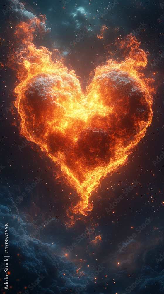 custom made wallpaper toronto digitalBurning heart of fire in space with glowing flames and cosmic stars. A symbol of love, passion, and warmth. Ideal for Valentine's Day, greeting cards, or celestial-themed designs.