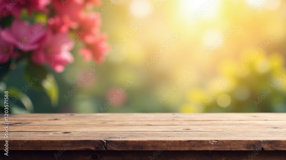 Rustic Wooden Tabletop Against a Soft Focus Background of Blooming Flowers and Sunlight Rustic Wooden Tabletop Against a Soft Focus Background of Blooming Flowers and Sunlight