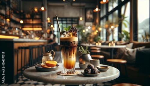 Wallpaper Mural Cozy cafe with elegant furnishings, natural light, and a glass of iced coffee served with chocolate. Modern ambiance blends with warm tones, providing a relaxing urban setting for coffee lovers.

 Torontodigital.ca