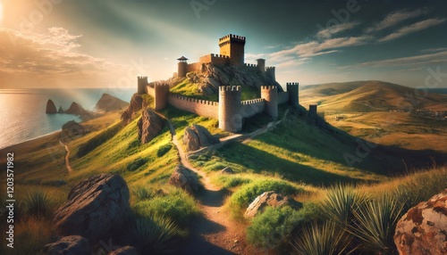 Medieval genoese fortress overlooking the black sea coast at sunset