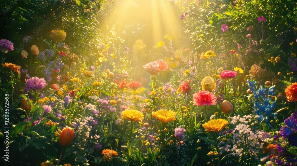 Obraz premium A vibrant spring garden scene with blooming flowers and golden sunlight, symbolizing the new life of Easter Sunday, with room for copy.