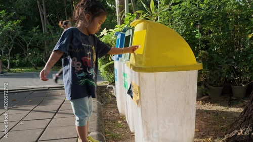 Adorable little asian kids enjoy keep park clean take trash to bin save the world