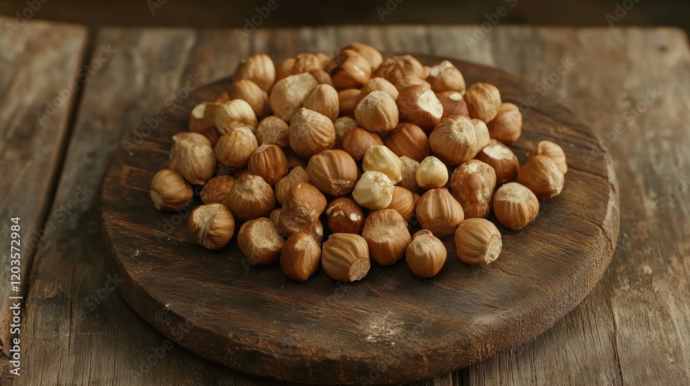 A Closeup Shot of Hazelnuts on Rustic Wooden Board, Brown and Natural Colors, Pile of Shelled Hazelnuts A Closeup Shot of Hazelnuts on Rustic Wooden Board, Brown and Natural Colors, Pile of Shelled Hazelnuts