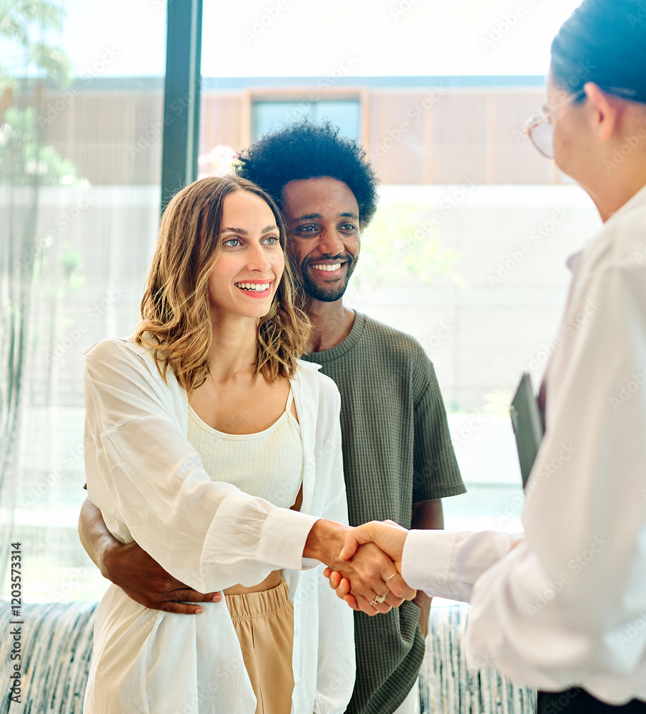 Fototapeta premium couple house property agent home real estate business buying investment apartment agreement deal client buyer new loan handshake shaking meeting agreement hand signing contract