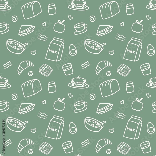 doodle white line art seamless pattern with breakfast food