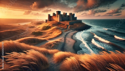 Dramatic sunset illuminating castel del monte on the cliff by the sea photo