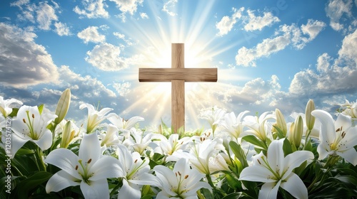 A wooden cross surrounded by white lilies and sunlight breaking through clouds, symbolizing resurrection and renewal, with open copy space.