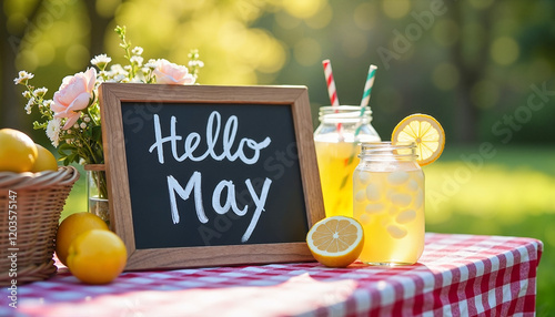'Hello May' chalkboard surrounded by fresh lemons and lemonade on a picnic table during a sunny spring afternoon