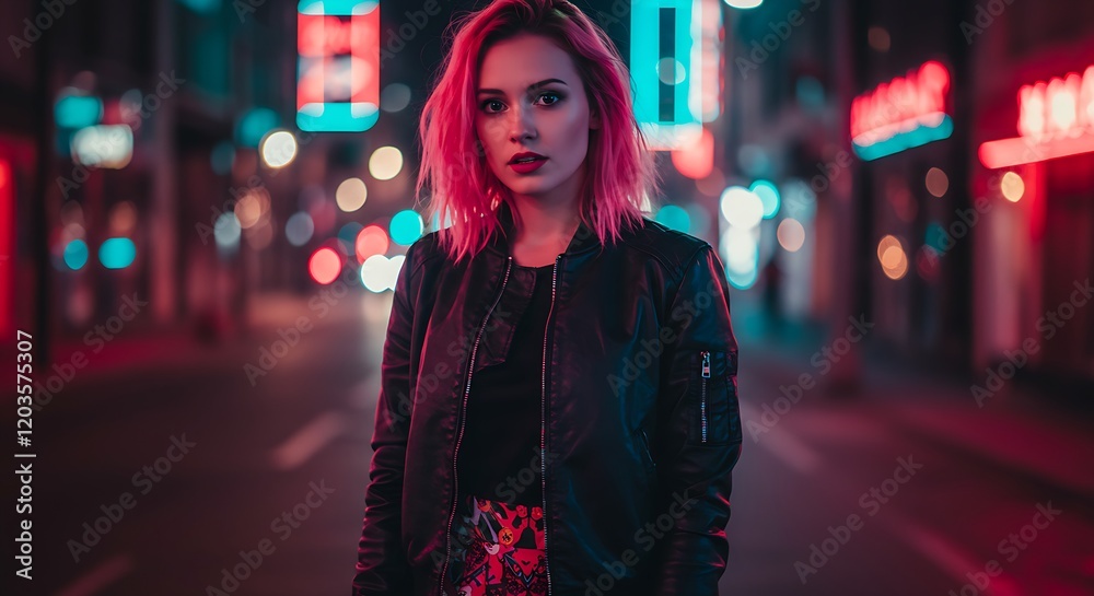 Cinematic Urban Night Portrait of Woman and Neon Light Fashion Hipster Girl Posing Against Window Frame with Colored Lights Illumination Generative AI Cinematic Urban Night Portrait of Woman and Neon Light Fashion Hipster Girl Posing Against Window Frame with Colored Lights Illumination Generative AI