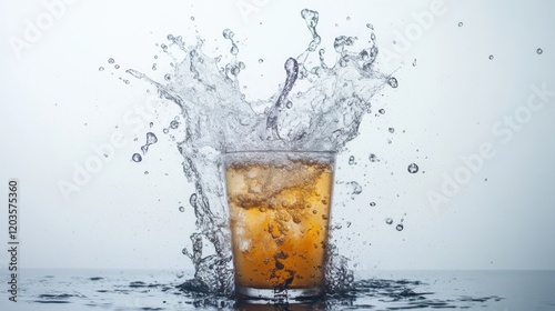 Refreshing drink splashing in a glass, surrounded by droplets, against a neutral background