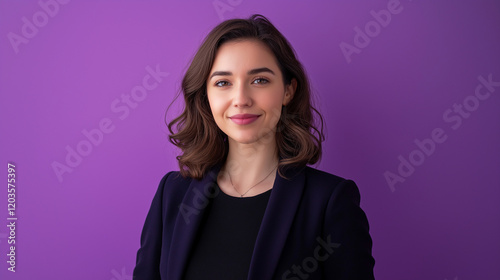 Portrait of Stylish Professional Woman Presenting News on Violet Background