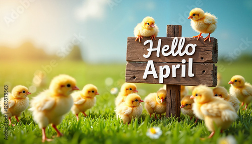 Adorable yellow chicks gathered around a wooden 'Hello April' sign on green grass in a sunny outdoor setting