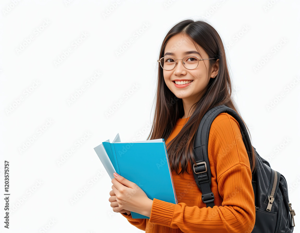 Young smiling student woman holds books while looking at camera. Over white background. Education. hd image Young smiling student woman holds books while looking at camera. Over white background. Education. hd image
