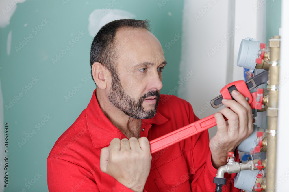 © auremar - plumber repairing metallic water pipes with wrench © auremar - plumber repairing metallic water pipes with wrench