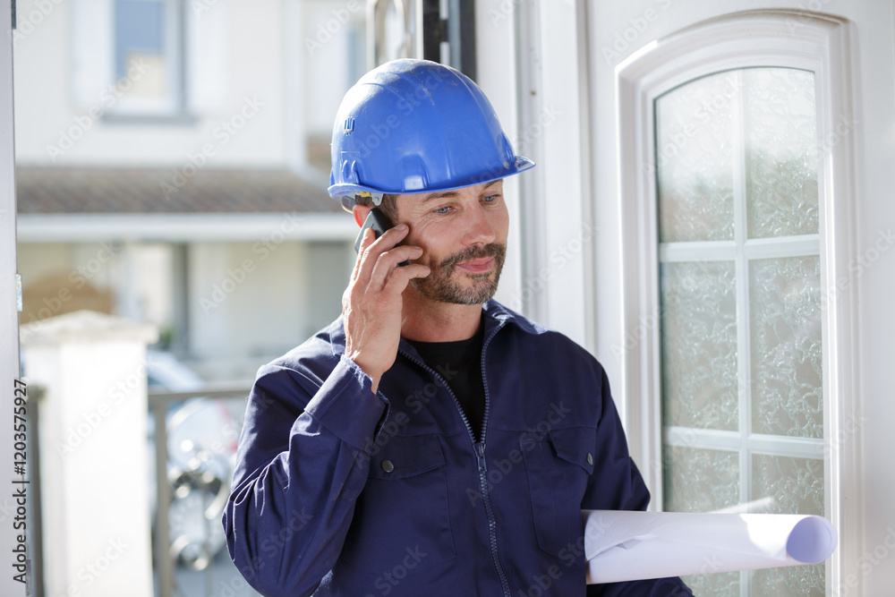 builder wearing protective helmet on the phone builder wearing protective helmet on the phone