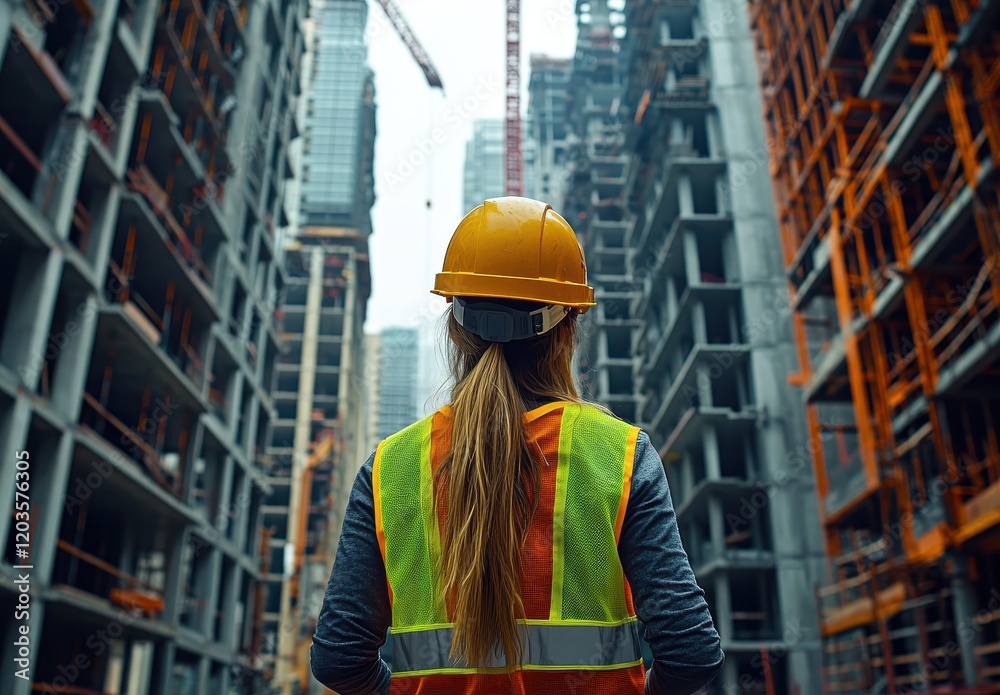 Construction Worker Observing Urban Development with Hard Hat and Safety Vest Amidst Tall Buildings and Crane at Construction Site Construction Worker Observing Urban Development with Hard Hat and Safety Vest Amidst Tall Buildings and Crane at Construction Site