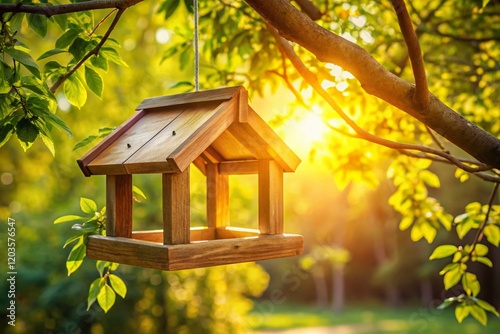 Charming Wooden Bird Feeder Hanging on Tree Branch, Copy Space Left, Wildlife Photography