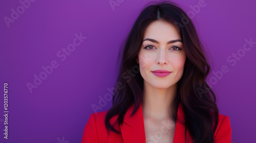 Portrait of Stylish Professional Woman Presenting News on Violet Background