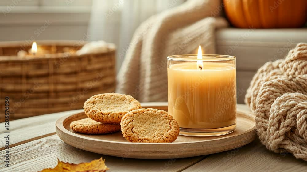 Cozy autumn composition with a candle, cookies, and a pumpkin on the table in the living room at home. Horizontal view, wide-angle lens, high-resolution photography, Cozy autumn composition with a candle, cookies, and a pumpkin on the table in the living room at home. Horizontal view, wide-angle lens, high-resolution photography,