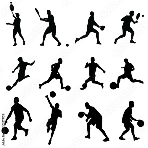 Figures of a person playing football, tennis, basketball, logo of a person playing sports, icon on a transparent background 