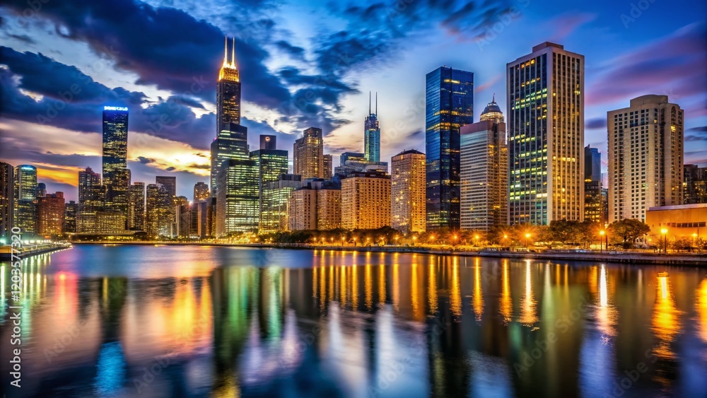 Obraz premium Chicago Downtown Skyline Night Photography - Vibrant Cityscape at Dusk