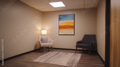 A serene therapy room with comfortable seating, soft lighting, and calming artwork on the walls, creating a welcoming environment for counseling sessions,