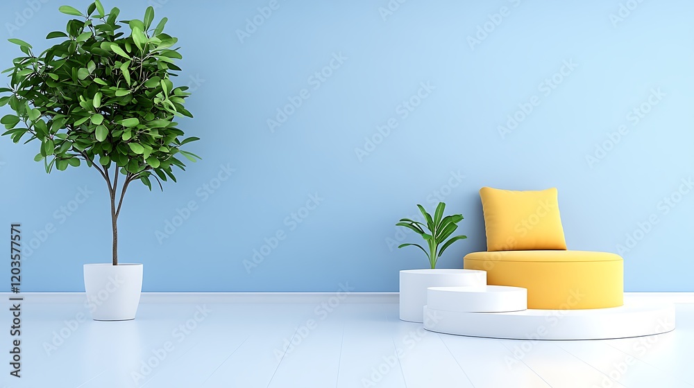 Minimalist Room Interior Design Yellow Chair Plants White Podium Minimalist Room Interior Design Yellow Chair Plants White Podium
