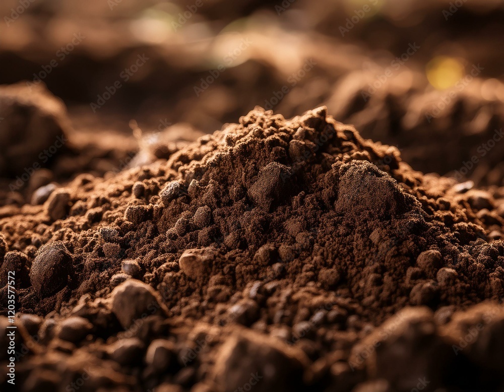 Rich, textured soil in a close-up view, showcasing its natural composition and earthy tones, perfect for agriculture visuals and environmental campaigns Rich, textured soil in a close-up view, showcasing its natural composition and earthy tones, perfect for agriculture visuals and environmental campaigns