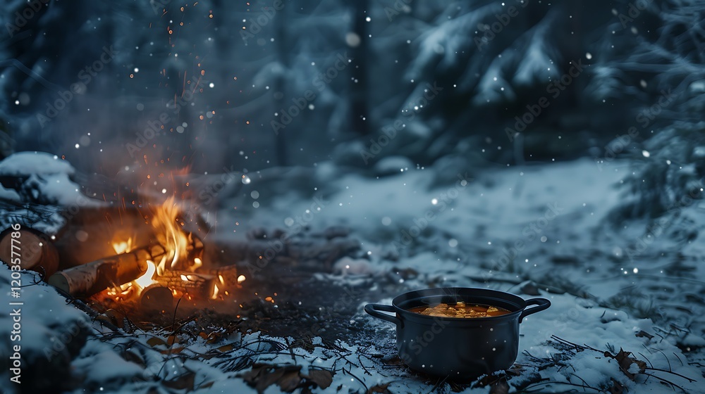 A steaming pot of soup placed beside a campfire in a snowy woodland setting. A steaming pot of soup placed beside a campfire in a snowy woodland setting.