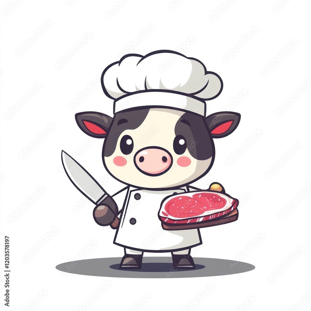 Cute cow chef holding steak, cartoon illustration Cute cow chef holding steak, cartoon illustration