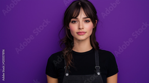 Portrait of Stylish Professional Woman Presenting News on Violet Background